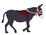 donkey is smiling with a saddle and a pink bridle